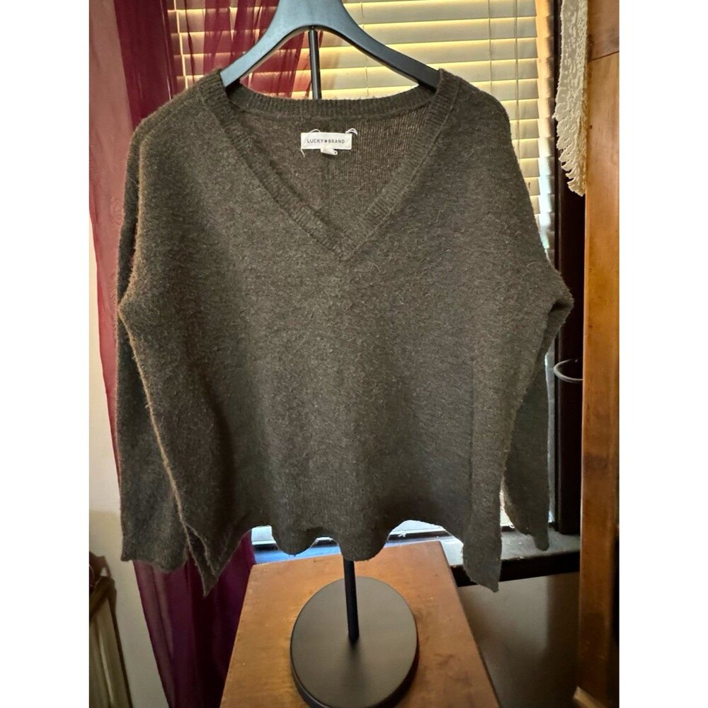 Lucky Brand Women’s L Dark Olive Green V Neck Wool Blend Oversized Sweater